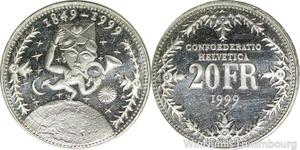 R4923 Switzerland 20 Franken Helvetica 150 ans Poste 1849 1999 Silver Proof