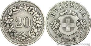 R4945 Switzerland 20 Rappen Helvetia 1850 BB Strasbourg Silver -> Make offer