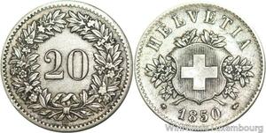 R4947 Switzerland 20 Rappen Helvetia 1850 BB Strasbourg Silver -> Make offer