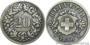 R4948 Switzerland 20 Rappen Helvetia 1850 BB Strasbourg Silver -> Make offer