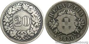 R4951 Switzerland 20 Rappen Helvetia 1850 BB Strasbourg Silver -> Make offer