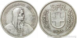 R4985 Switzerland 5 Francs Helvetia 1935 B Berne Argent Silver -> Make offer