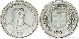 R4989 Switzerland 5 Francs Helvetia 1931 B Berne Argent Silver -> Make offer
