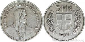 R4991 Switzerland 5 Francs Helvetia 1931 B Berne Argent Silver -> Make offer