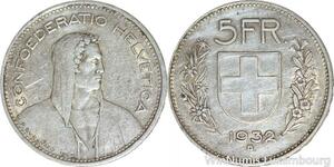 R4993 Switzerland 5 Francs Helvetia 1932 B Berne Argent Silver -> Make offer
