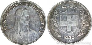 R4999 Rare Switzerland 5 Francs Helvetia 1923 B Berne Argent Silver ->Make offer