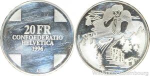 R5012 Switzerland 20 Francs Confederatio Helvetica Gargantua 1996 Silver Proof 