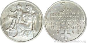 R5013 Switzerland 5 Francs 100 Years Republique 1848 1948 Silver UNC