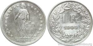 R5017 Switzerland 1 Franc Helvetia 1909 B Berne Argent Silver AU -> Make offer