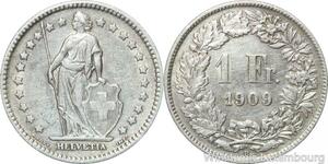 R5021 Switzerland 1 Franc Helvetia 1909 B Berne Argent Silver -> Make offer 