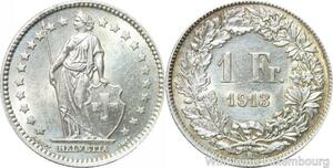 R5039 Rare Switzerland 1 Franc Helvetia 1913 B Berne Argent Silver UNC ->M Offer