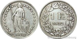R5057 Switzerland 1 Franc Helvetia 1932 B Berne Argent Silver -> Make offer
