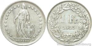 R5061 Switzerland 1 Franc Helvetia 1945 B Berne Argent Silver -> Make offer