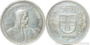 R5062 Switzerland 5 Francs Helvetia 1954 B Berne Argent Silver AU++ ->Make offer