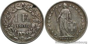 R5063 Switzerland 1 Franc Helvetia 1908 B Berne Silver -> Make offer