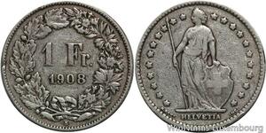 R5065 Switzerland 1 Franc Helvetia 1908 B Berne Silver -> Make offer