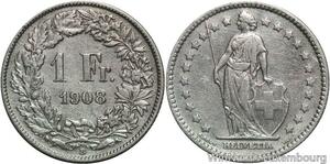 R5066 Switzerland 1 Franc Helvetia 1908 B Berne Silver -> Make offer