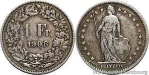 R5067 Switzerland 1 Franc Helvetia 1908 B Berne Silver -> Make offer