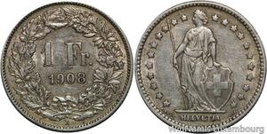 R5068 Rare Switzerland 1 Franc Helvetia 1908 B Berne Silver AU -> Make offer