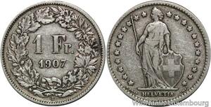 R5072 Switzerland 1 Franc Helvetia 1907 B Berne Silver -> Make offer