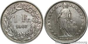 R5073 Rare Switzerland 1 Franc Helvetia 1907 B Berne Silver AU -> Make offer
