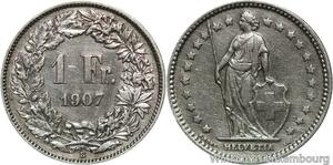 R5074 Rare Switzerland 1 Franc Helvetia 1907 B Berne Silver UNC -> Make offer
