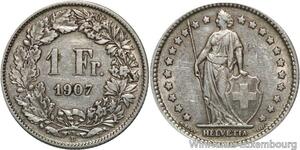 R5075 Switzerland 1 Franc Helvetia 1907 B Berne Silver -> Make offer