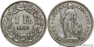 R5076 Switzerland 1 Franc Helvetia 1907 B Berne Silver -> Make offer