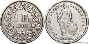 R5080 Switzerland 1 Franc Helvetia 1906 B Berne Silver -> Make offer
