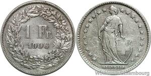R5081 Rare Switzerland 1 Franc Helvetia 1906 B Berne Silver AU -> Make offer