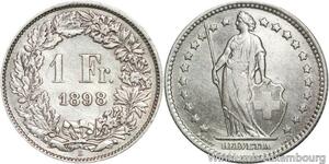 R5106 Switzerland 1 Franc Helvetia 1898 B Berne Silver AU -> Make offer