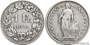 R5113 Rare Switzerland 1 Franc Helvetia 1875 B Berne Silver Quality !!! ->Offer