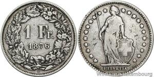 R5121 Rare Switzerland 1 Franc Helvetia 1876 B Berne Silver Quality !! ->M Offer