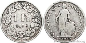 R5126 Switzerland 1 Franc Helvetia 1876 B Berne Silver Quality !! -> Make offer
