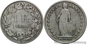 R5156 Switzerland 1 Franc Helvetia 1894 A Paris Silver -> Make offer