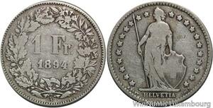 R5157 Switzerland 1 Franc Helvetia 1894 A Paris Silver -> Make offer