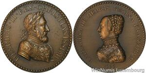 R5372 Rare Médaille Henri II Catherine de Médicis 1555 Roi de France SUP