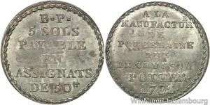 R5921 Very Rare Constitution 5 Sols Manufacture Potter 1792 Fr. médaille UNC BU
