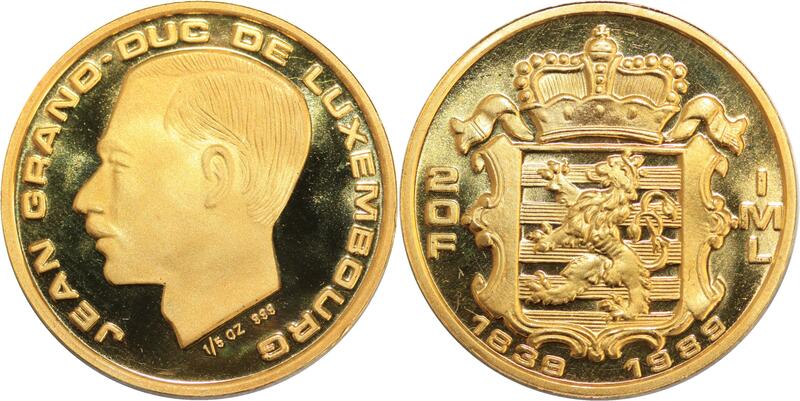 CC081 Rare Luxembourg 20 Francs Grand Duc Jean 1839 1989 Or Go