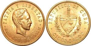 AA002 Cuba 5 Pesos 1916 Gold UNC -&gt; Make offer