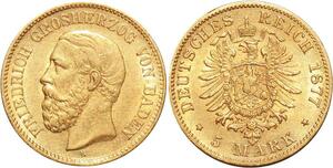 AA199 Germany 5 Marks Friedrich Baden 1877 G Or Gold AU ->Make offer