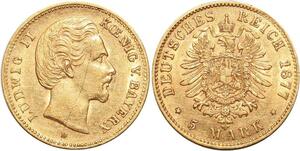 AA208 Germany 5 Marks Ludwig II Bayern 1877 D Or Gold AU ->Make offer