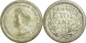AA424 Netherlands 10 Cents Ducat Wilhelmina 1916 Argent Silver ->Make offer