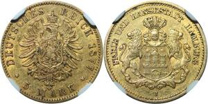 AA651 Rare Germany Hamburg 5 Marks 1877 J Or Gold NGC AU55 -&gt; Make offer
