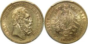 AA656 Rare Germany Wurttemberg 20 Marks Karl 1872 F Or Gold PCGS AU55 &gt; Offer