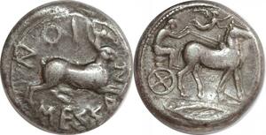 EE0166 Greek Sicily Messana Tetradrachm Charioteer Rabbit 445-439 BC Silver