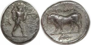 EE0174 Greek Lucania Poseidonia Statere Poseidon 410-350 BC Dolphin Bull