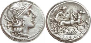 EE0194 Rare Roman Empire Denarius Atilius Saranus SAR Roma 155 BC Silver AU