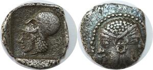 EE0217 Rare Greek Mysia Lampsakos Obole Janiform female heads Athena 