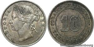 R6080 Rare Malaysia Straits Settlements 10 Cents Victoria 1877 Silver 180k AU
